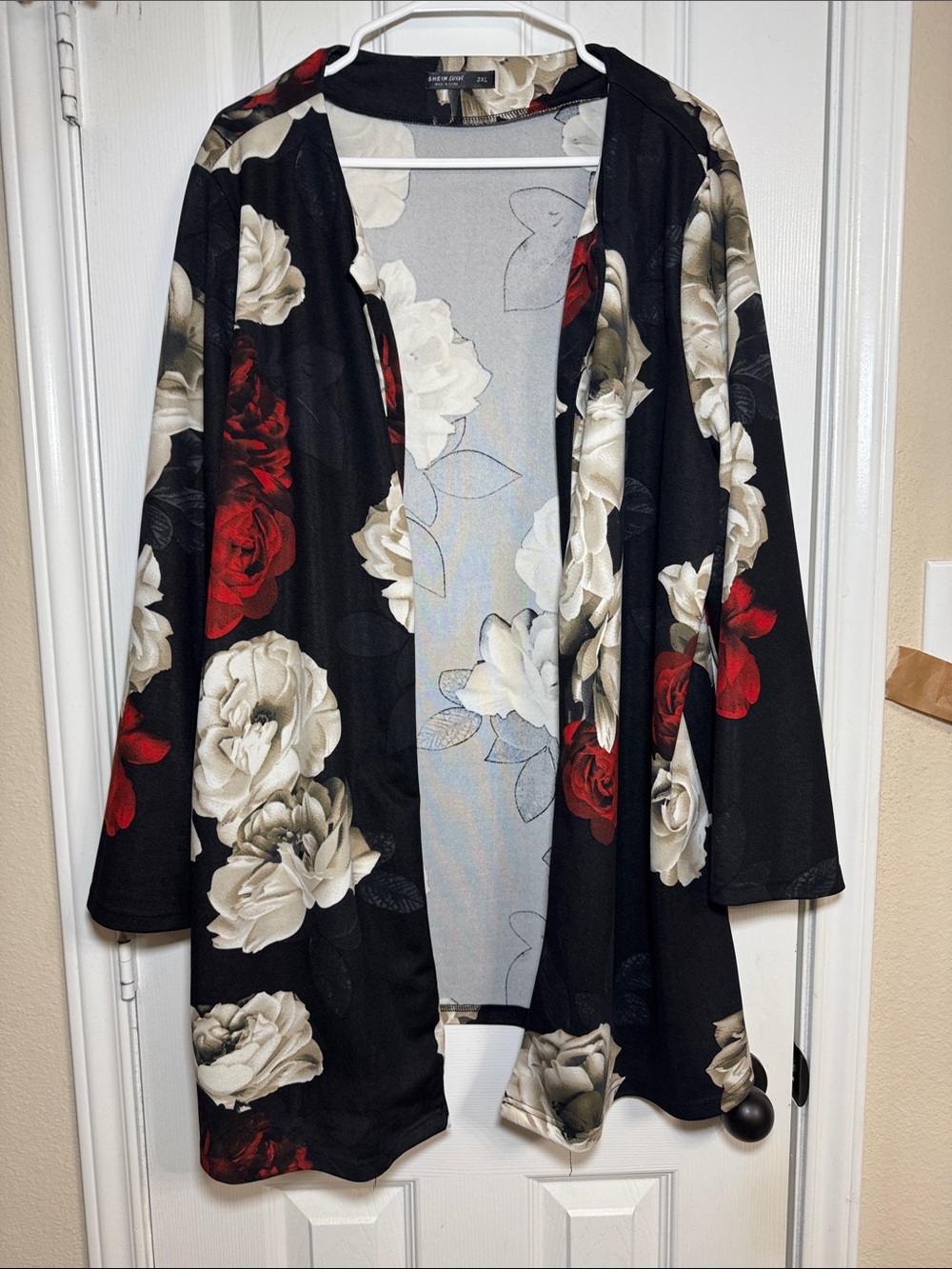 Black Open-Front Floral Kimono Robe with Red & Cream Roses
